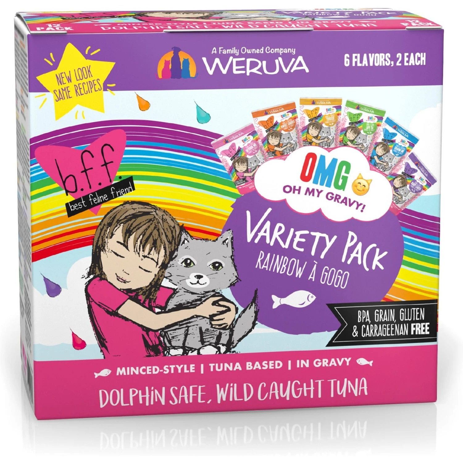 BFF Rainbow A Gogo Variety Pack Wet Cat Food Pouches, 3-oz, Case Of 12 & BFF OMG Rainbow Road Variety Pack Grain-Free Canned Cat Food 4 BFF Rainbow A Gogo Variety Pack Wet Cat Food Pouches, 3-oz, Case Of 12 & BFF OMG Rainbow Road Variety Pack Grain-Free Canned Cat Food - Image 2