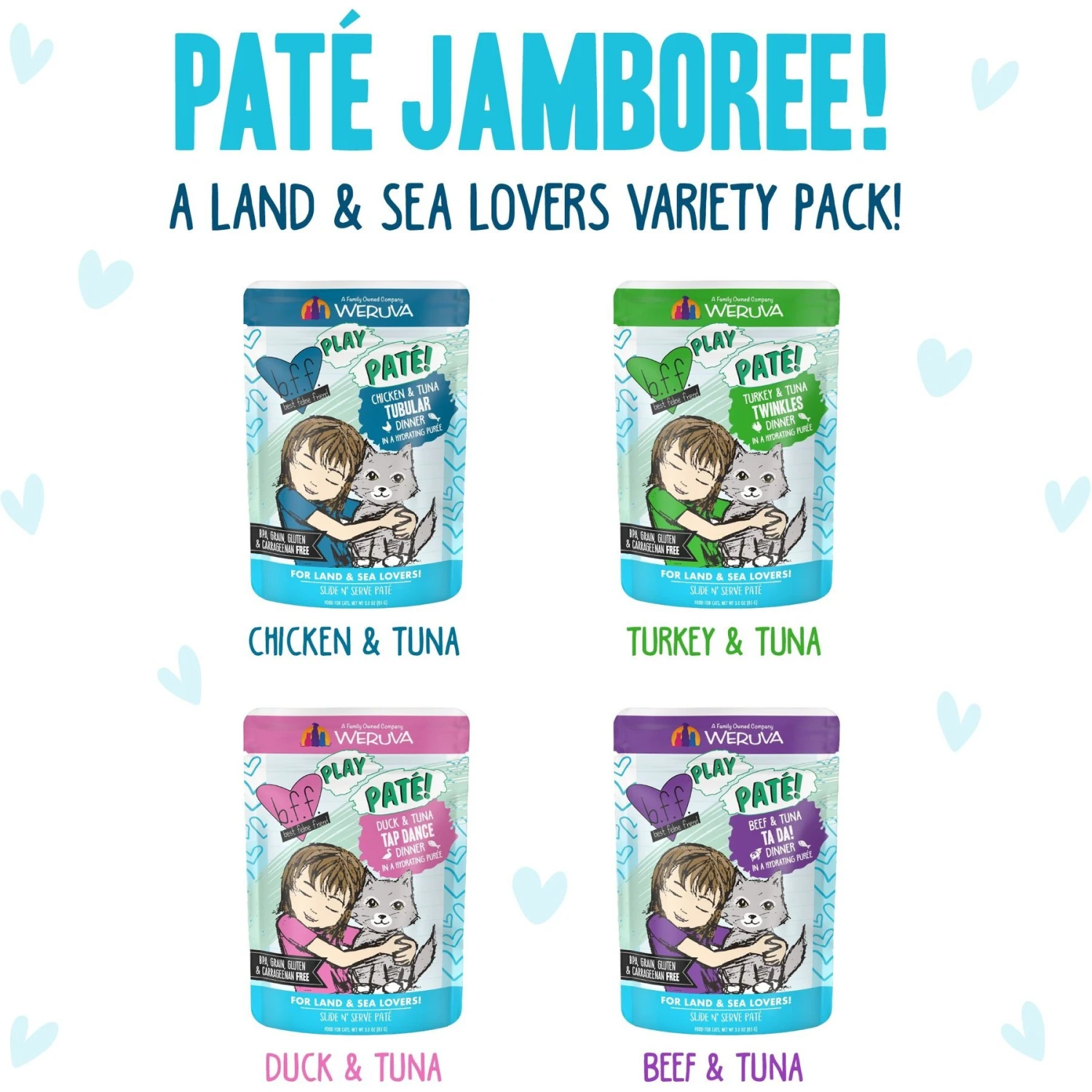 Weruva Best Feline Friend Paté Lovers, Aw Yeah! Paté Jamboree! Variety Pack Grain-Free Wet Cat Food, 2.8-oz Pouch, Case Of 12 & BFF Play Pate Lovers Pate Partay Variety Pack Wet Cat Food, 3-oz Pouch, Pack Of 12 5 Weruva Best Feline Friend Paté Lovers, Aw Yeah! Paté Jamboree! Variety Pack Grain-Free Wet Cat Food, 2.8-oz Pouch, Case Of 12 & BFF Play Pate Lovers Pate Partay Variety Pack Wet Cat Food, 3-oz Pouch, Pack Of 12 - Image 3