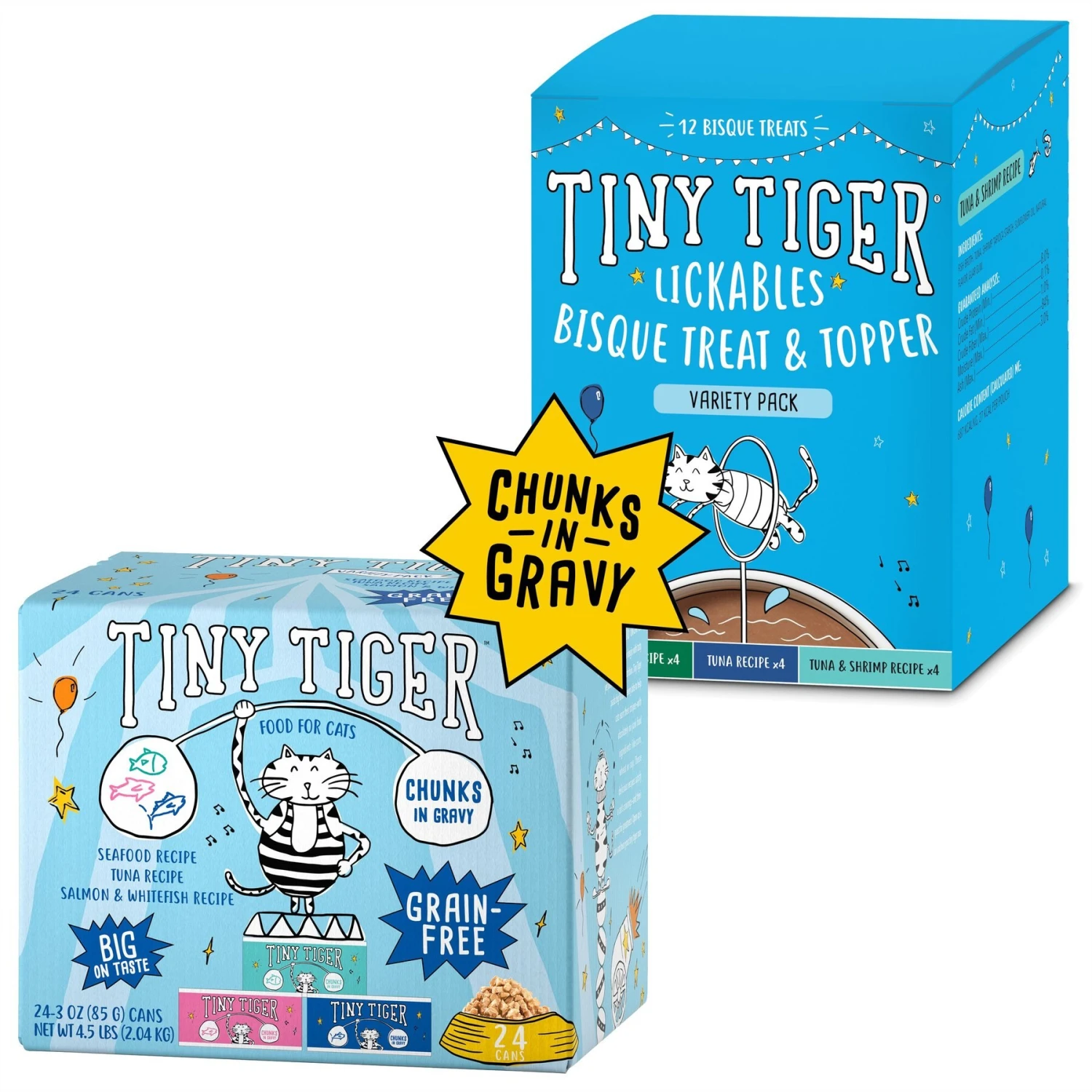 Tiny Tiger Chunks In Gravy Seafood Recipes Variety Pack Grain-Free Canned Cat Food & Tiny Tiger, Lickables, Variety Pack, Bisque Cat Treat & Topper 3 Tiny Tiger Chunks In Gravy Seafood Recipes Variety Pack Grain-Free Canned Cat Food & Tiny Tiger, Lickables, Variety Pack, Bisque Cat Treat & Topper