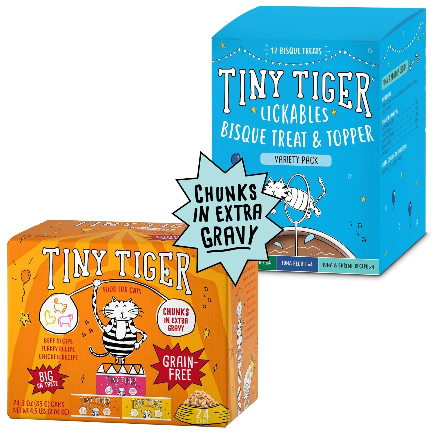 Tiny Tiger Chunks In EXTRA Gravy Beef & Poultry Recipes Variety Pack Grain-Free Canned Cat Food & Tiny Tiger, Lickables, Variety Pack, Bisque Cat Treat & Topper 3 Tiny Tiger Chunks In EXTRA Gravy Beef & Poultry Recipes Variety Pack Grain-Free Canned Cat Food & Tiny Tiger, Lickables, Variety Pack, Bisque Cat Treat & Topper