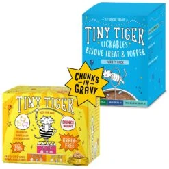 Tiny Tiger Chunks In Gravy Beef & Poultry Recipes Variety Pack Grain-Free Canned Cat Food & Tiny Tiger, Lickables, Variety Pack, Bisque Cat Treat & Topper