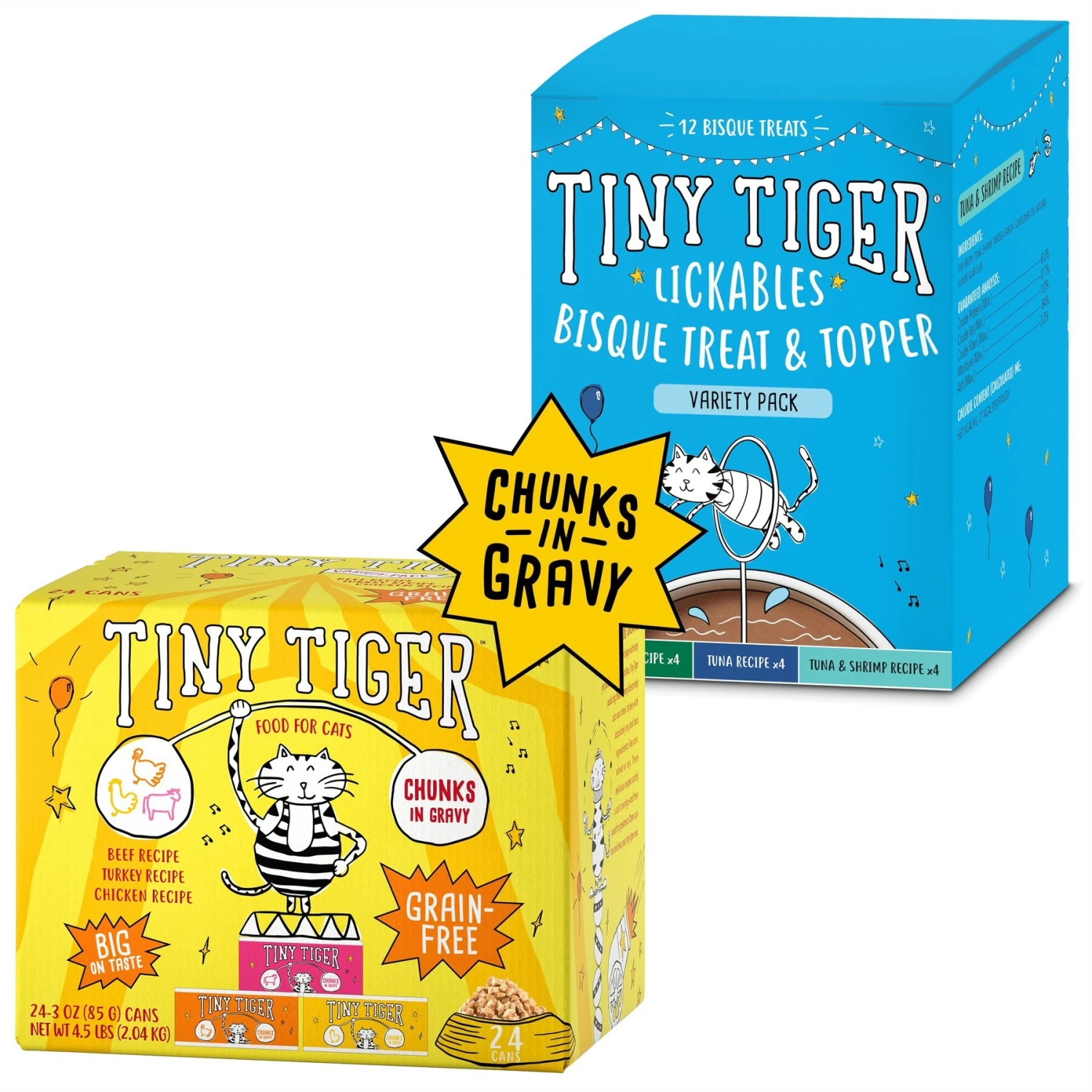 Tiny Tiger Chunks In Gravy Beef & Poultry Recipes Variety Pack Grain-Free Canned Cat Food & Tiny Tiger, Lickables, Variety Pack, Bisque Cat Treat & Topper 3 Tiny Tiger Chunks In Gravy Beef & Poultry Recipes Variety Pack Grain-Free Canned Cat Food & Tiny Tiger, Lickables, Variety Pack, Bisque Cat Treat & Topper