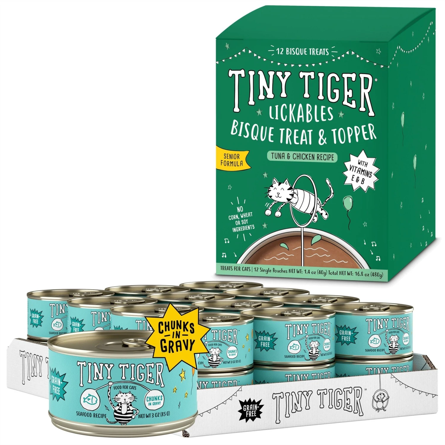 Tiny Tiger Chunks In Gravy Seafood Recipe Grain-Free Canned Cat Food & Tiny Tiger Lickables, Senior Formula, Tuna & Chicken Recipe, Bisque Cat Treat & Topper 3 Tiny Tiger Chunks In Gravy Seafood Recipe Grain-Free Canned Cat Food & Tiny Tiger Lickables, Senior Formula, Tuna & Chicken Recipe, Bisque Cat Treat & Topper