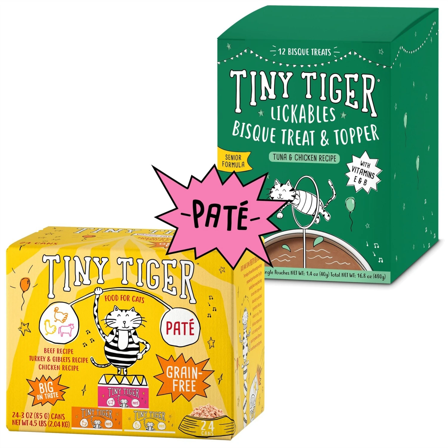 Tiny Tiger Pate Beef & Poultry Recipes Variety Pack Grain-Free Canned Cat Food & Tiny Tiger Lickables, Senior Formula, Tuna & Chicken Recipe, Bisque Cat Treat & Topper 3 Tiny Tiger Pate Beef & Poultry Recipes Variety Pack Grain-Free Canned Cat Food & Tiny Tiger Lickables, Senior Formula, Tuna & Chicken Recipe, Bisque Cat Treat & Topper