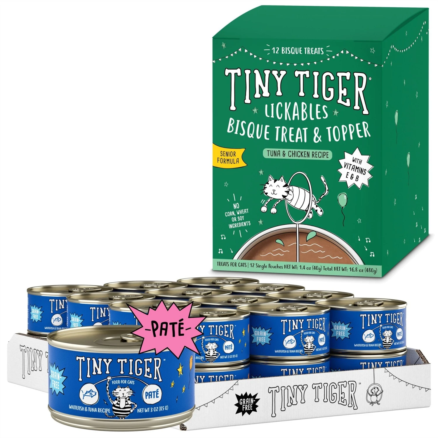 Tiny Tiger Pate Whitefish & Tuna Recipe Grain-Free Canned Cat Food & Tiny Tiger Lickables, Senior Formula, Tuna & Chicken Recipe, Bisque Cat Treat & Topper 3 Tiny Tiger Pate Whitefish & Tuna Recipe Grain-Free Canned Cat Food & Tiny Tiger Lickables, Senior Formula, Tuna & Chicken Recipe, Bisque Cat Treat & Topper