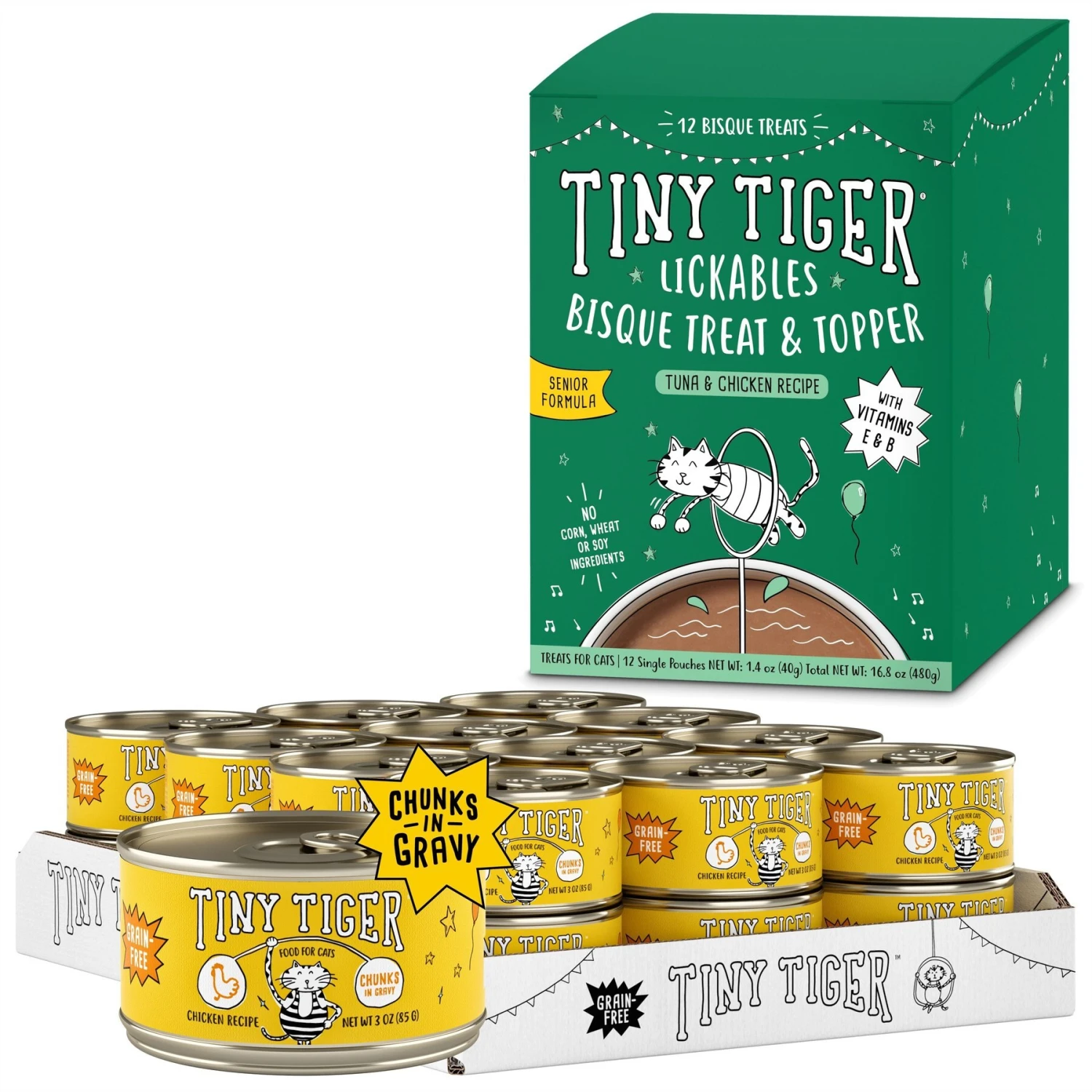 Tiny Tiger Chunks In Gravy Chicken Recipe Grain-Free Canned Cat Food & Tiny Tiger Lickables, Senior Formula, Tuna & Chicken Recipe, Bisque Cat Treat & Topper 3 Tiny Tiger Chunks In Gravy Chicken Recipe Grain-Free Canned Cat Food & Tiny Tiger Lickables, Senior Formula, Tuna & Chicken Recipe, Bisque Cat Treat & Topper