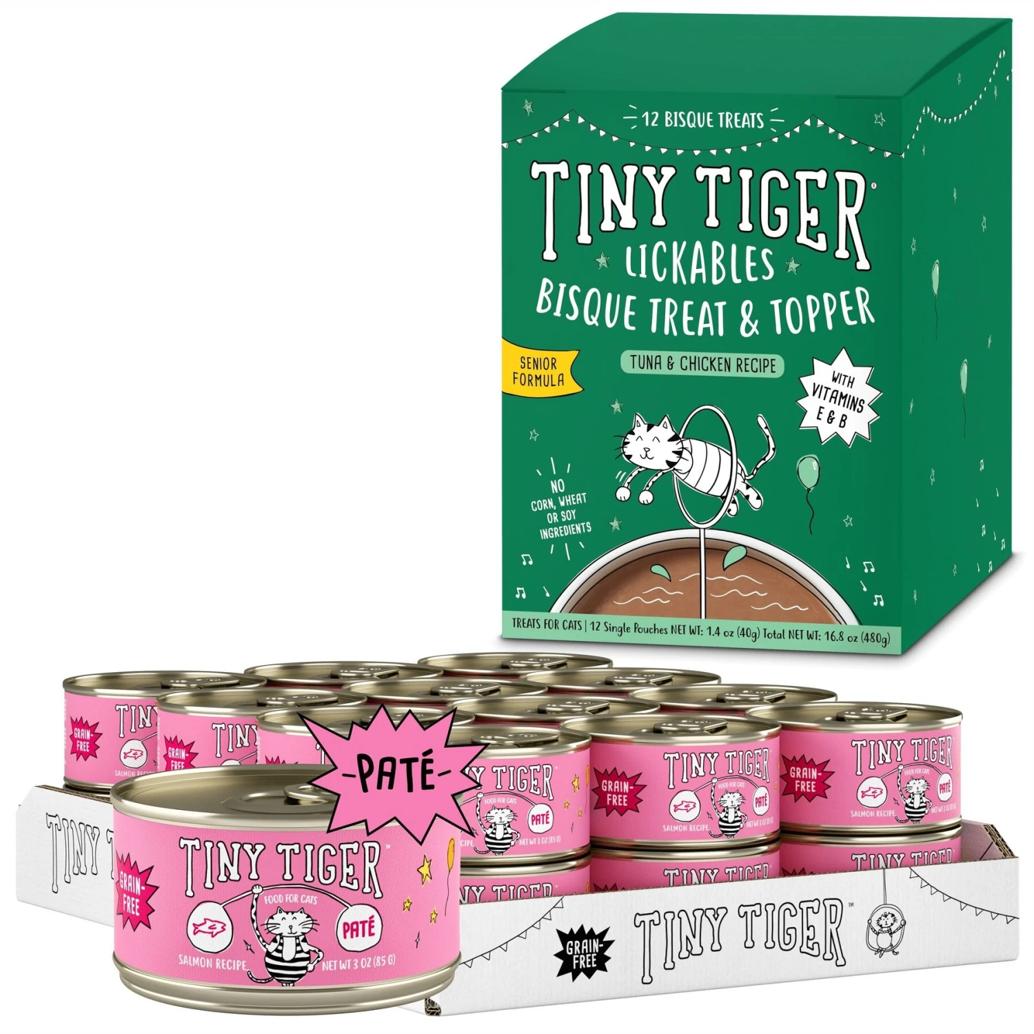 Tiny Tiger Pate Salmon Recipe Grain-Free Canned Cat Food & Tiny Tiger Lickables, Senior Formula, Tuna & Chicken Recipe, Bisque Cat Treat & Topper 3 Tiny Tiger Pate Salmon Recipe Grain-Free Canned Cat Food & Tiny Tiger Lickables, Senior Formula, Tuna & Chicken Recipe, Bisque Cat Treat & Topper