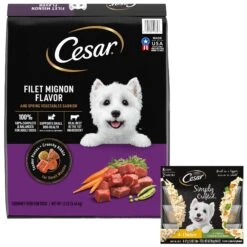 Cesar Simply Crafted Variety Pack Chicken & Chicken, Carrots & Green Beans Limited-Ingredient Adult Wet Dog Food Topper & Cesar Filet Mignon Flavor & Spring Vegetables Garnish Small Breed Dry Dog Food