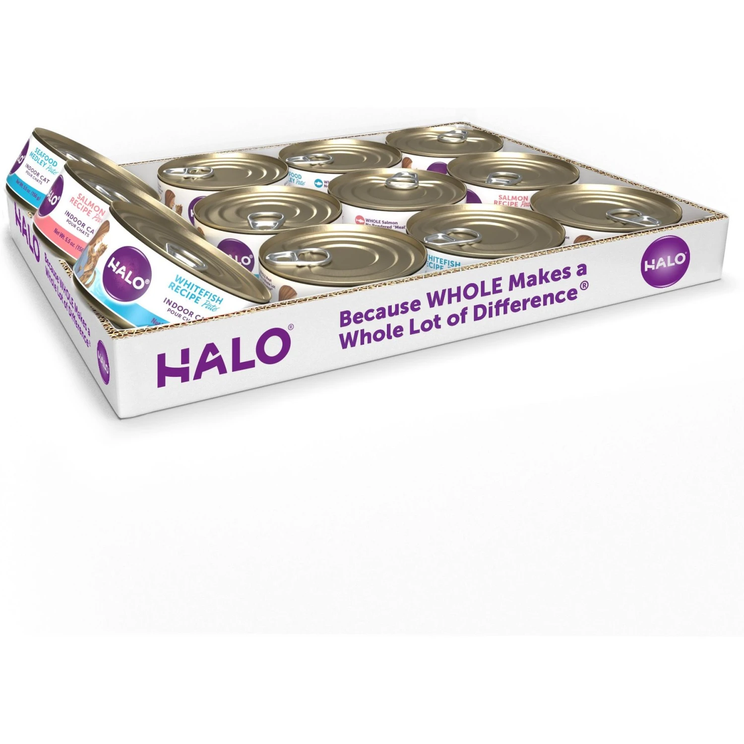 Halo Whitefish, Salmon, Seafood Medley Variety Pack Grain-Free Pate Adult Wet Cat Food, 5.5-oz Can, Case Of 12 3 Halo Whitefish, Salmon, Seafood Medley Variety Pack Grain-Free Pate Adult Wet Cat Food, 5.5-oz Can, Case Of 12