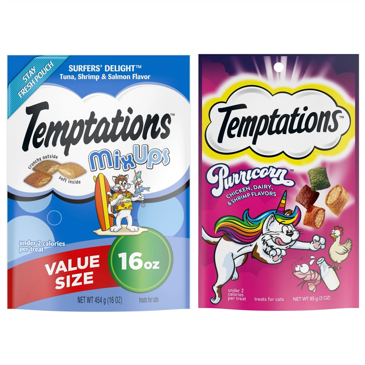 Temptations MixUps Surfers' Delight Flavor Soft & Crunchy Cat Treats & Temptations MixUps Purricorn Chicken Dairy & Shrimp Flavors Crunchy & Soft Cat Treats, 3-oz Bag 3 Temptations MixUps Surfers' Delight Flavor Soft & Crunchy Cat Treats & Temptations MixUps Purricorn Chicken Dairy & Shrimp Flavors Crunchy & Soft Cat Treats, 3-oz Bag