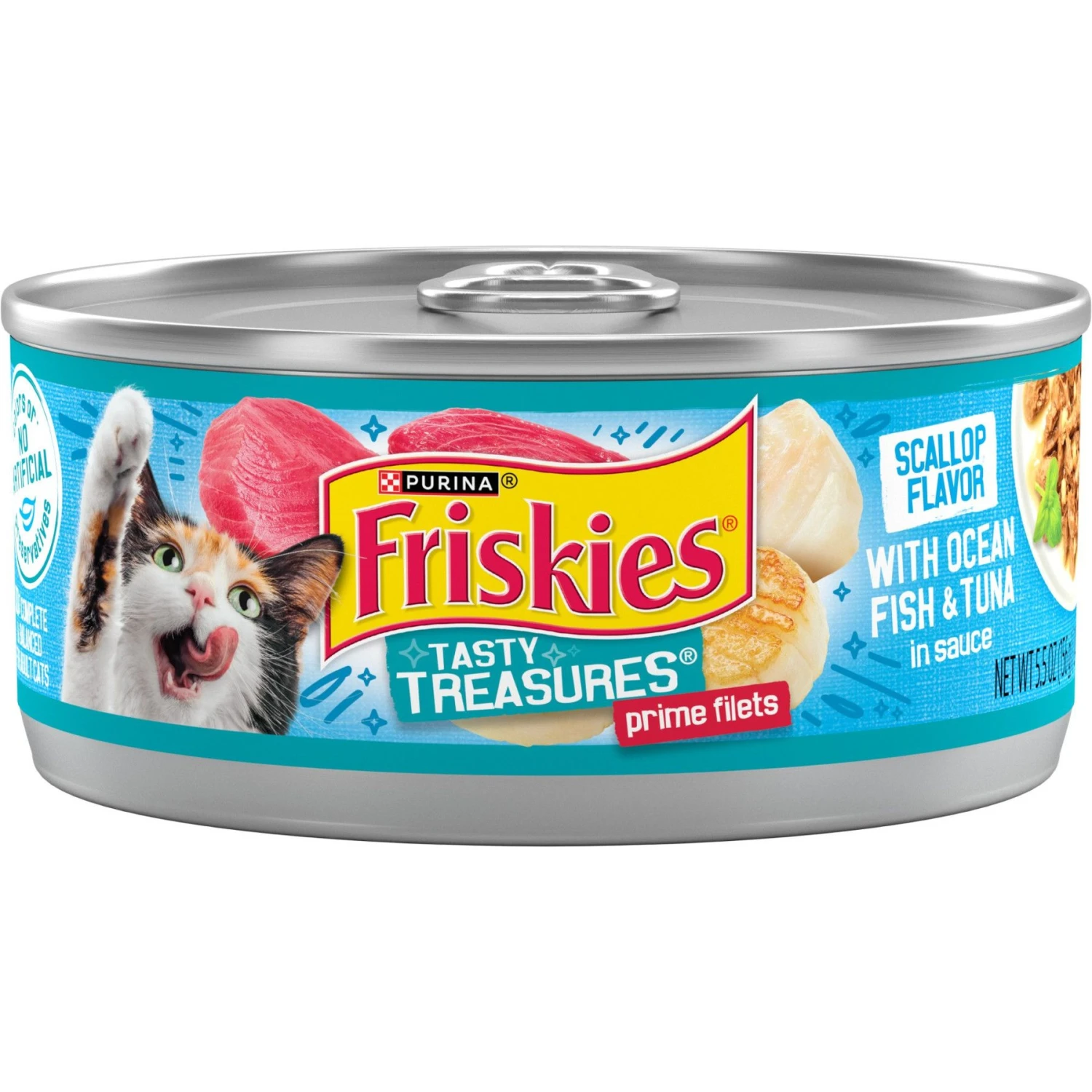Friskies Tasty Treasures With Ocean Fish & Tuna & Scallop Flavor Wet Cat Food. 5.5-oz Can 3 Friskies Tasty Treasures With Ocean Fish & Tuna & Scallop Flavor Wet Cat Food. 5.5-oz Can