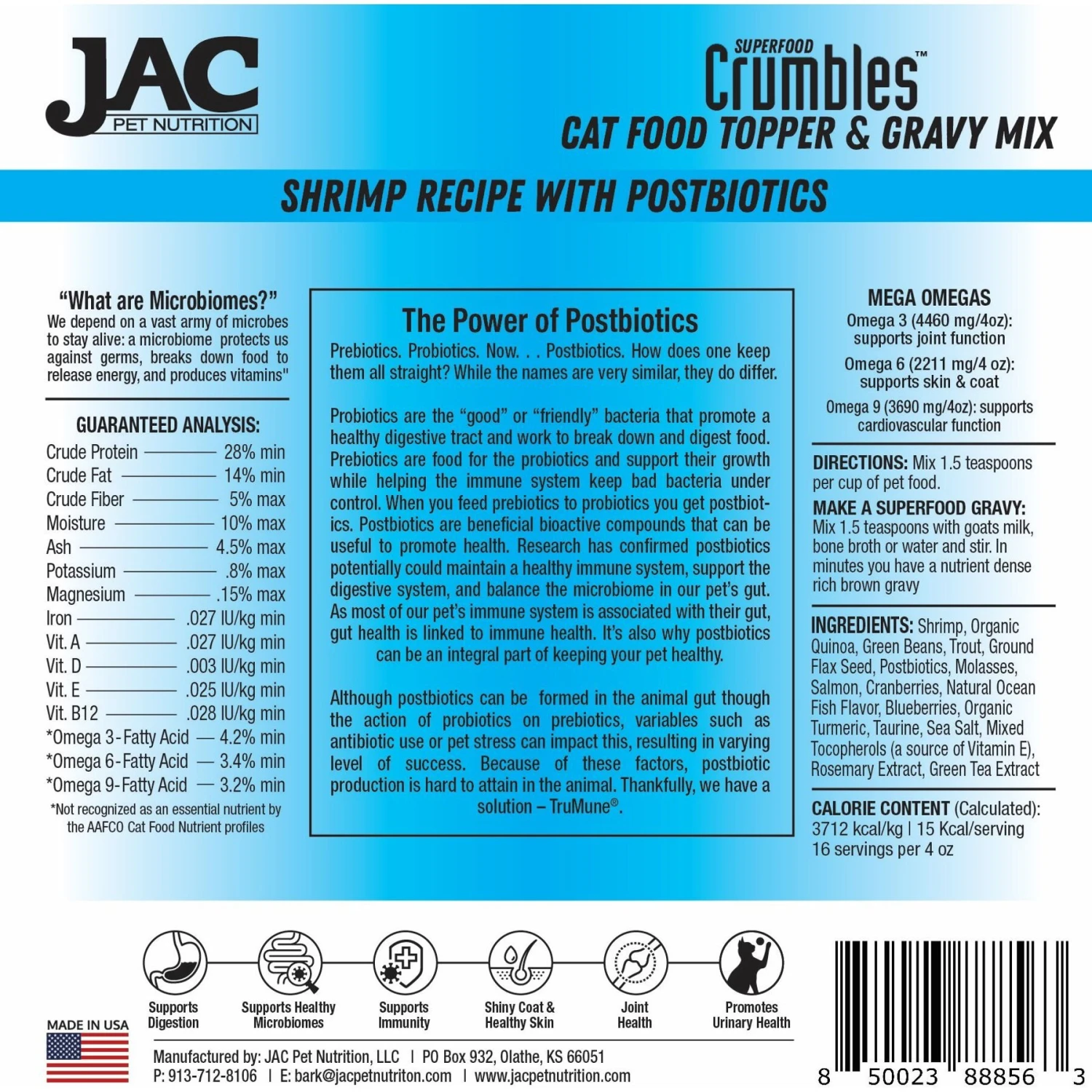 JAC Pet Nutrition Air-Dried Shrimp Superfood Crumbles Grain-Free Cat Food Topper, 4-oz Bag 4 JAC Pet Nutrition Air-Dried Shrimp Superfood Crumbles Grain-Free Cat Food Topper, 4-oz Bag - Image 2