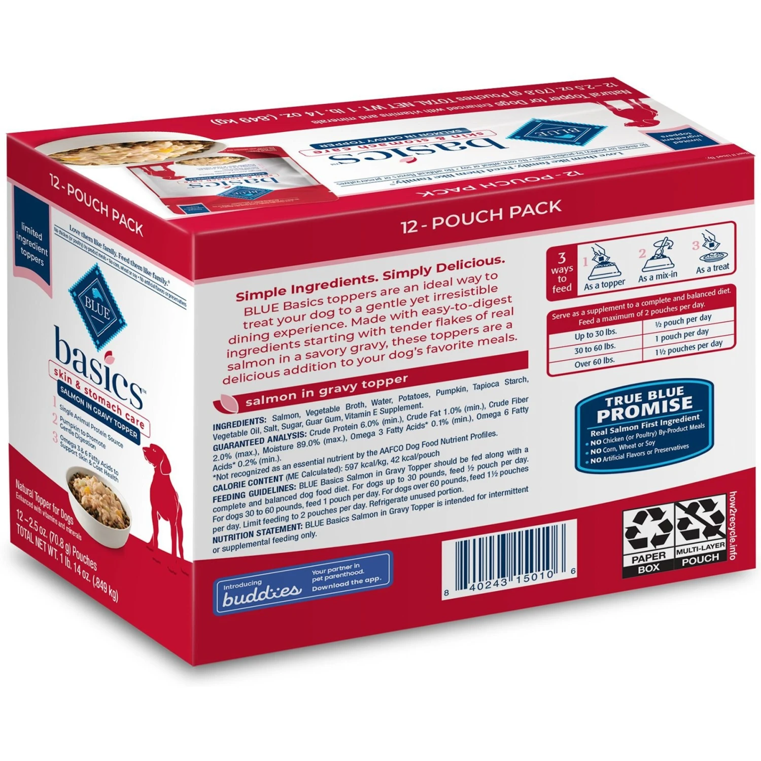 Blue Buffalo Basics LID Skin & Stomach Care Grain-Free Salmon In Gravy Adult Wet Dog Food Topper, 2.5-oz Pouch, Case Of 12 4 Blue Buffalo Basics LID Skin & Stomach Care Grain-Free Salmon In Gravy Adult Wet Dog Food Topper, 2.5-oz Pouch, Case Of 12 - Image 2