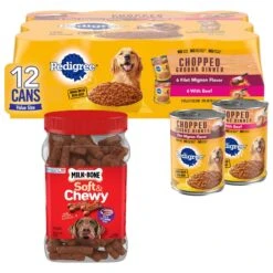 Pedigree Chopped Ground Dinner Filet Mignon Flavor & Beef Adult Canned Wet Dog Food Variety Pack & Milk-Bone Soft & Chewy Beef & Filet Mignon Recipe Dog Treats