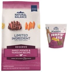 Natural Balance Rewards Jumpin' Stix With Real Venison Dog Treats & Natural Balance Limited Ingredient Reserve Grain-Free Sweet Potato & Venison Recipe Dry Dog Food
