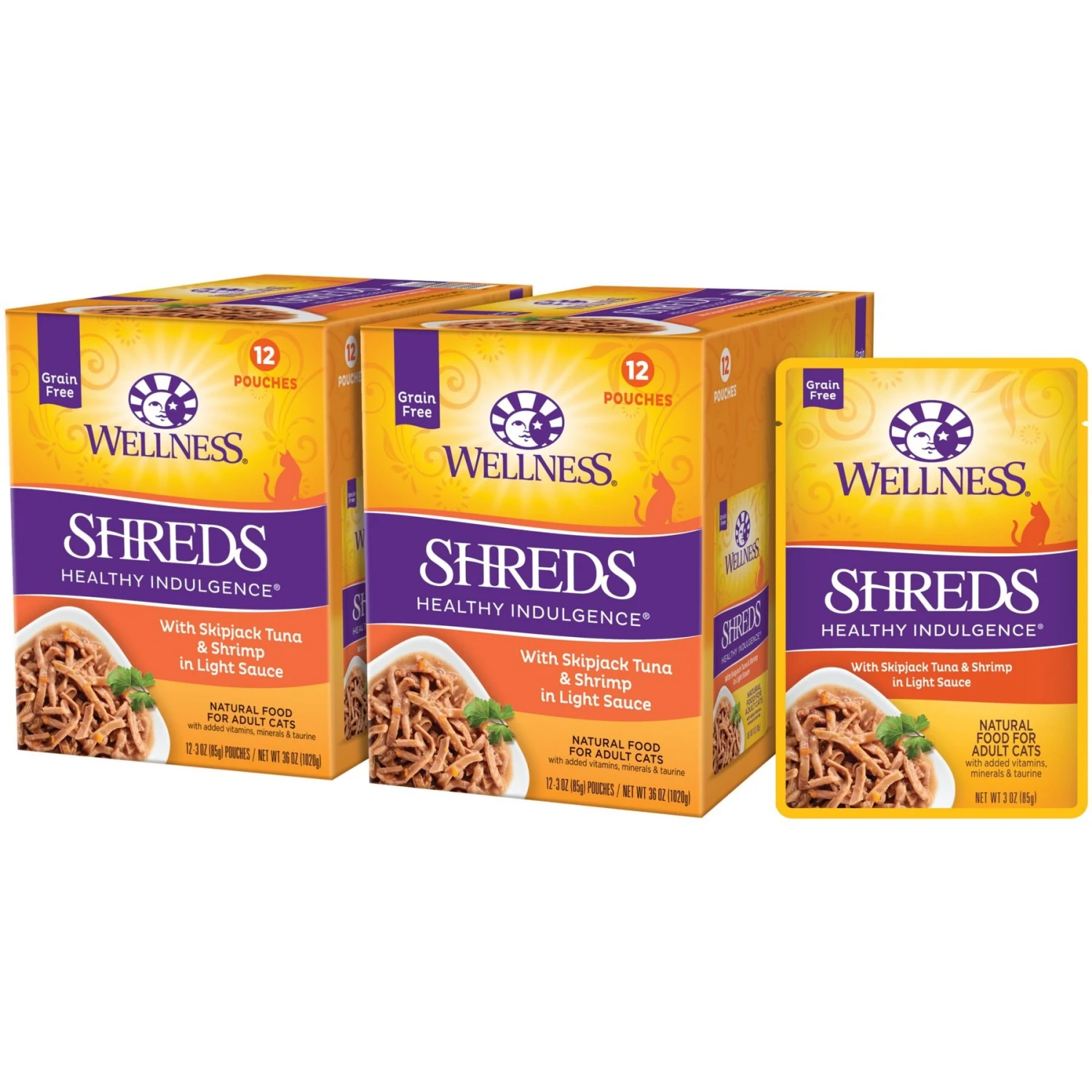 Wellness Healthy Indulgence Shreds With Skipjack Tuna & Shrimp In Light Sauce Grain-Free Wet Cat Food Pouches 3 Wellness Healthy Indulgence Shreds With Skipjack Tuna & Shrimp In Light Sauce Grain-Free Wet Cat Food Pouches