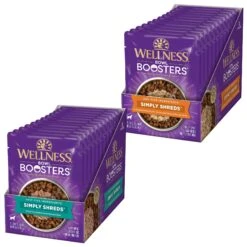 Wellness Bowl Boosters Simply Shreds Tuna, Beef & Carrots Natural Grain-Free Wet Dog Food Mixer Or Topper, 2.8-oz Pouch, Case Of 12 & Wellness Bowl Boosters Simply Shreds Chicken Liver & Broccoli Natural Grain-Free Wet Dog Food Mixer Or Topper, 2.8-oz Pouch, Case Of 12