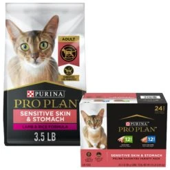 Purina Pro Plan Adult Sensitive Skin & Stomach Lamb & Rice Formula Dry Cat Food & Purina Pro Plan Focus Sensitive Skin & Stomach Duck & Arctic Char Variety Pack Canned Cat Food, 3-oz Can, Case Of 24